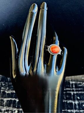 Native American Sterling Silver Braided Bezel Orange Spiny Oyster Ring Sz 7